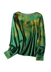 2025 Green O-Neck Butterfly Print Silk Tops Long sleeve