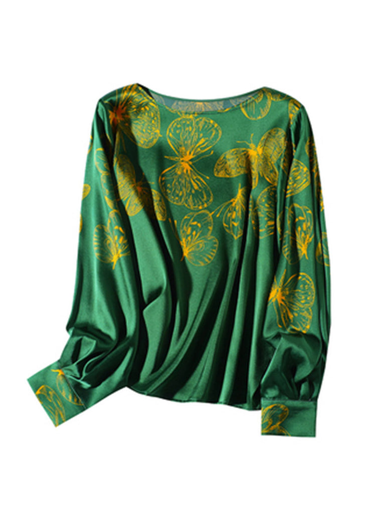 2025 Green O-Neck Butterfly Print Silk Tops Long sleeve