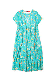 2025 Green O-Neck Print Linen Dress Short Sleeve