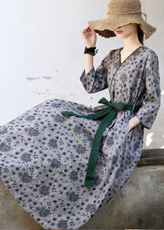 2025 Green Tie Waist Print Linen Long Dress Three Quarter sleeve