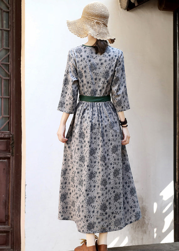 2025 Green Tie Waist Print Linen Long Dress Three Quarter sleeve