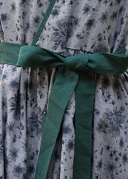 2025 Green Tie Waist Print Linen Long Dress Three Quarter sleeve