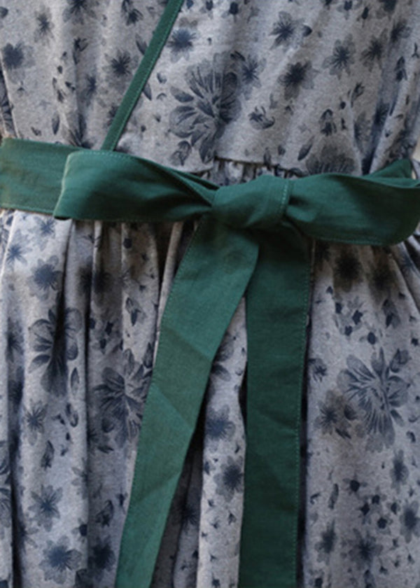 2025 Green Tie Waist Print Linen Long Dress Three Quarter sleeve