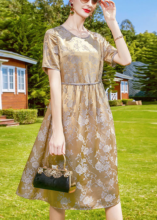 2025 Grey Purple O-Neck Jacquard Silk Fitted Dresses Short Sleeve