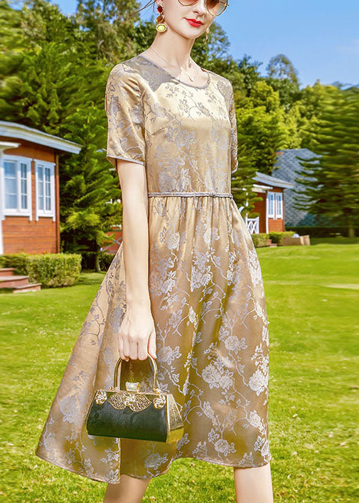 2025 Grey Purple O-Neck Jacquard Silk Fitted Dresses Short Sleeve