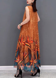 2025 Orange O-Neck Chiffon Long Beach Dresses Sleeveless