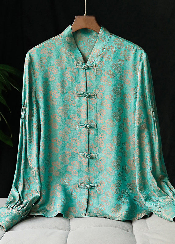 2022 Peacock Green Stehkragen Knopf Jacquard Hemd Tops Langarm