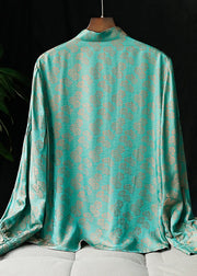 2022 Peacock Green Stehkragen Knopf Jacquard Hemd Tops Langarm