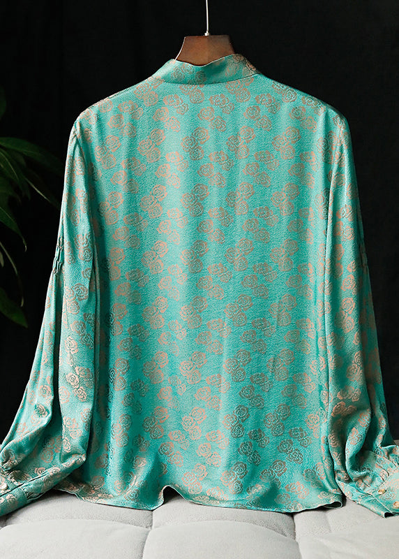 2022 Peacock Green Stehkragen Knopf Jacquard Hemd Tops Langarm