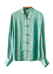 2022 Peacock Green Stehkragen Knopf Jacquard Hemd Tops Langarm