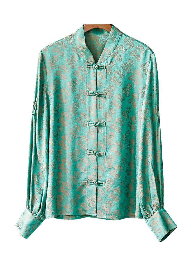 2022 Peacock Green Stehkragen Knopf Jacquard Hemd Tops Langarm