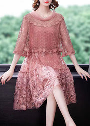 2025 Pink O-Neck Ruffled Patchwork Lace Dress Half Sleeve