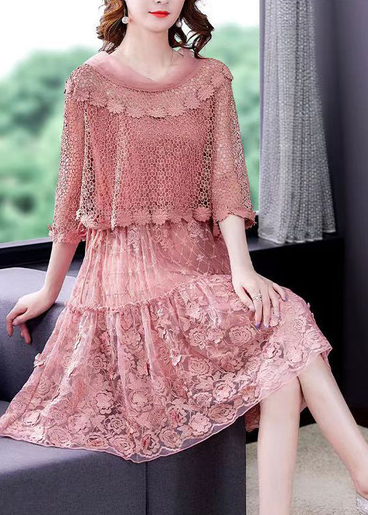 2025 Pink O-Neck Ruffled Patchwork Lace Dress Half Sleeve