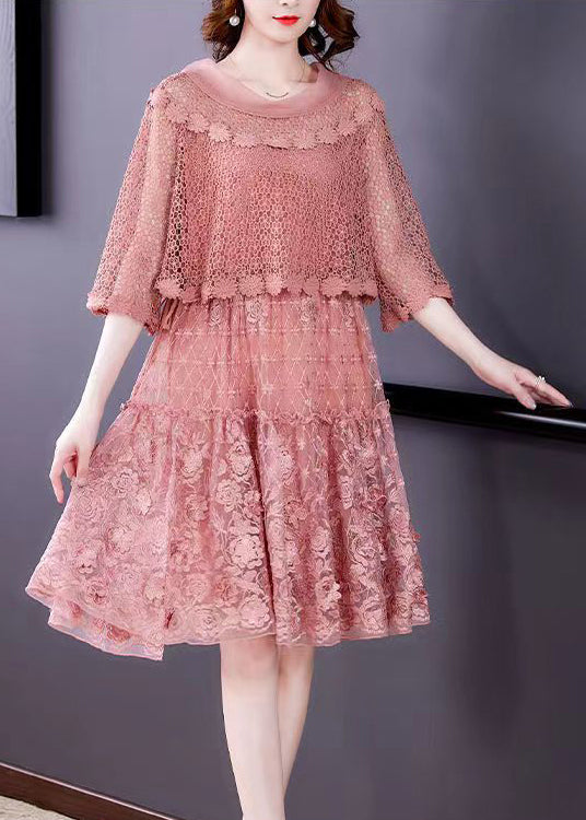 2025 Pink O-Neck Ruffled Patchwork Lace Dress Half Sleeve