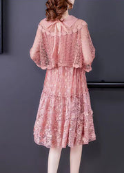 2025 Pink O-Neck Ruffled Patchwork Lace Dress Half Sleeve