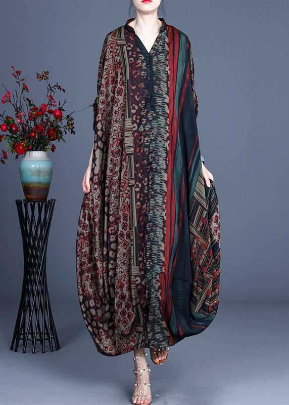 2025 Red V Neck Print Silk Long Dress Batwing Sleeve