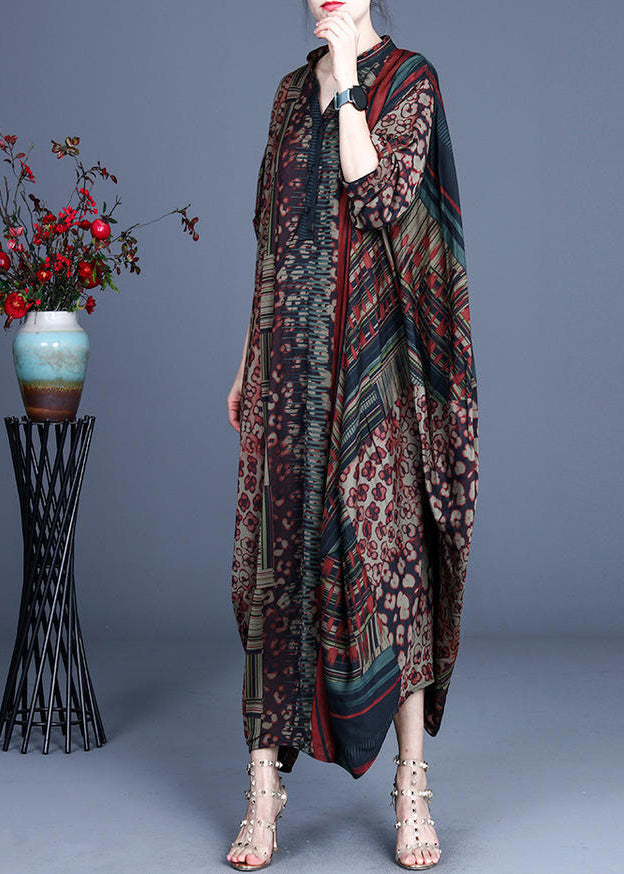 2025 Red V Neck Print Silk Long Dress Batwing Sleeve