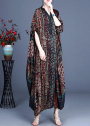 2025 Red V Neck Print Silk Long Dress Batwing Sleeve