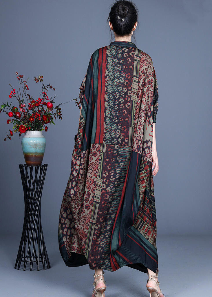 2025 Red V Neck Print Silk Long Dress Batwing Sleeve