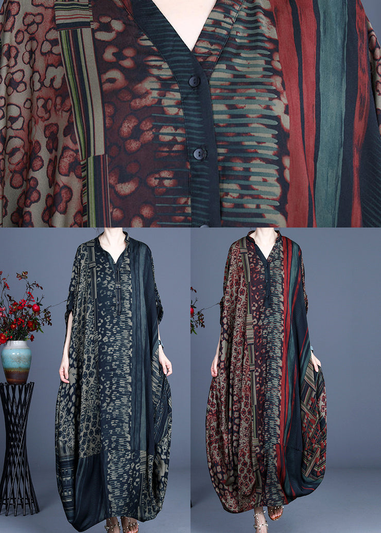2025 Red V Neck Print Silk Long Dress Batwing Sleeve