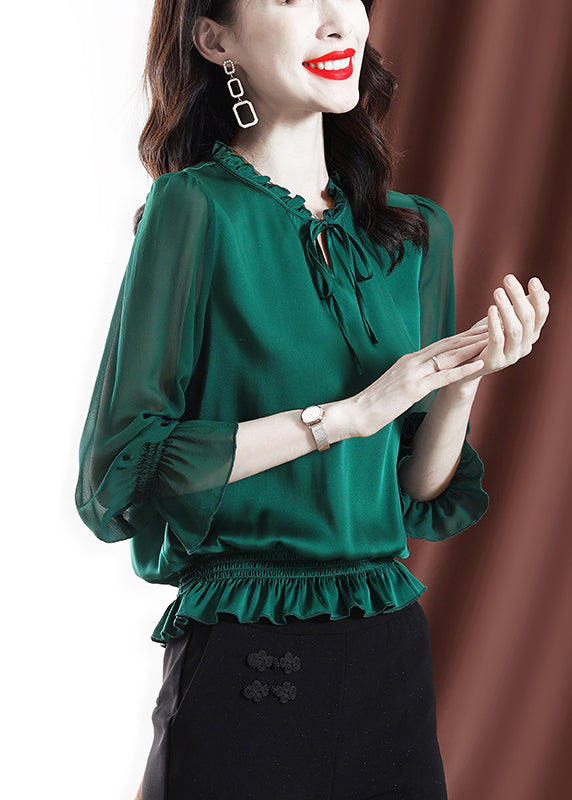 2025 Solid Green Ruffled elastic waist Chiffon Top Long Sleeve