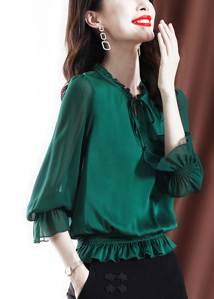 2025 Solid Green Ruffled elastic waist Chiffon Top Long Sleeve