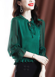 2025 Solid Green Ruffled elastic waist Chiffon Top Long Sleeve