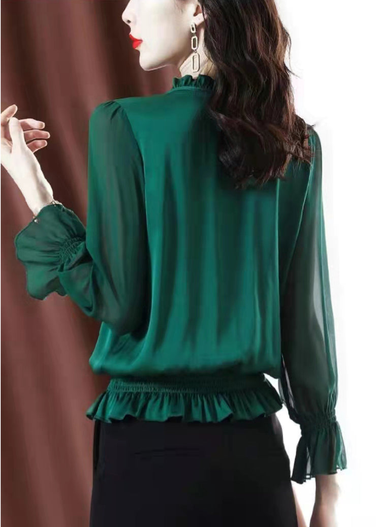 2025 Solid Green Ruffled elastic waist Chiffon Top Long Sleeve