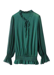 2025 Solid Green Ruffled elastic waist Chiffon Top Long Sleeve