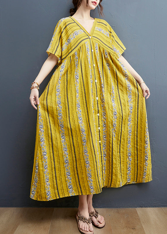 2025 Yellow Print Cotton Maxi Dresses Short Sleeve