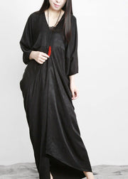 Unique Black Asymmetric V Neck Silk Party Dresses - SooLinen
