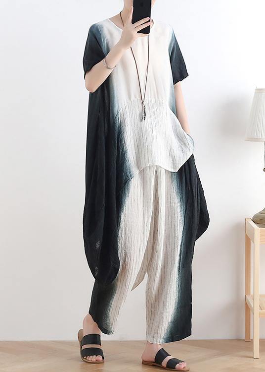 Unique Black Tie Dye Linen Short Sleeve Women Sets two Pieces - SooLinen