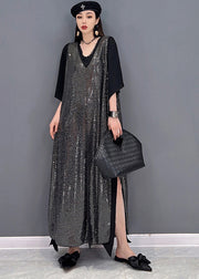 Einzigartiges schwarzes, seitlich offenes, langes Chiffonkleid mit V-Ausschnitt und Pailletten, langer Kittel, zweiteiliges Set Sommer
