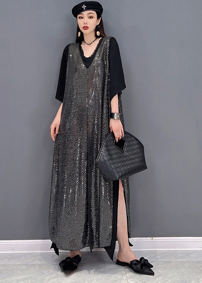 Einzigartiges schwarzes, seitlich offenes, langes Chiffonkleid mit V-Ausschnitt und Pailletten, langer Kittel, zweiteiliges Set Sommer