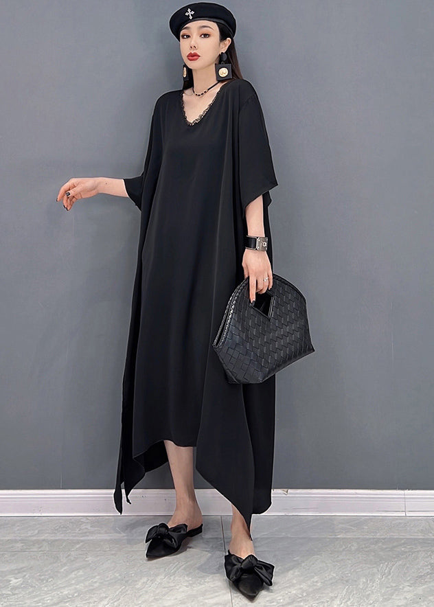 Einzigartiges schwarzes, seitlich offenes, langes Chiffonkleid mit V-Ausschnitt und Pailletten, langer Kittel, zweiteiliges Set Sommer