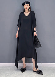 Einzigartiges schwarzes, seitlich offenes, langes Chiffonkleid mit V-Ausschnitt und Pailletten, langer Kittel, zweiteiliges Set Sommer