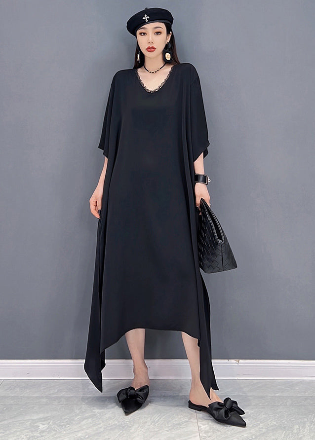 Einzigartiges schwarzes, seitlich offenes, langes Chiffonkleid mit V-Ausschnitt und Pailletten, langer Kittel, zweiteiliges Set Sommer