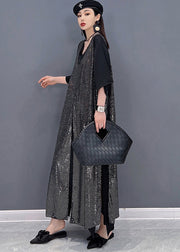 Einzigartiges schwarzes, seitlich offenes, langes Chiffonkleid mit V-Ausschnitt und Pailletten, langer Kittel, zweiteiliges Set Sommer