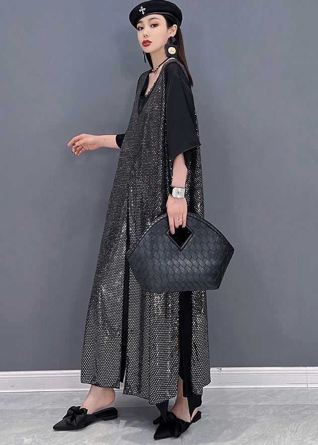 Einzigartiges schwarzes, seitlich offenes, langes Chiffonkleid mit V-Ausschnitt und Pailletten, langer Kittel, zweiteiliges Set Sommer