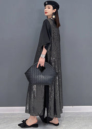 Einzigartiges schwarzes, seitlich offenes, langes Chiffonkleid mit V-Ausschnitt und Pailletten, langer Kittel, zweiteiliges Set Sommer