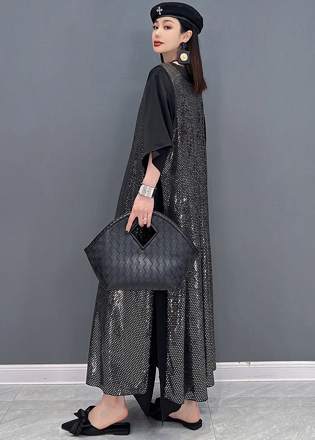 Einzigartiges schwarzes, seitlich offenes, langes Chiffonkleid mit V-Ausschnitt und Pailletten, langer Kittel, zweiteiliges Set Sommer