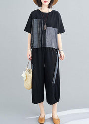 Unique Black asymmetrical design Linen Button Summer Two Pieces Set - SooLinen