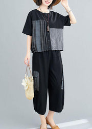 Unique Black asymmetrical design Linen Button Summer Two Pieces Set - SooLinen