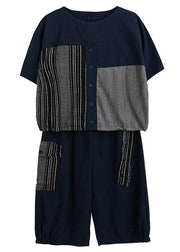 Unique Black asymmetrical design Linen Button Summer Two Pieces Set - SooLinen