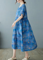 Einzigartiges blaues langes Leinenkleid mit Cinch-Patchwork-Print und kurzen Ärmeln