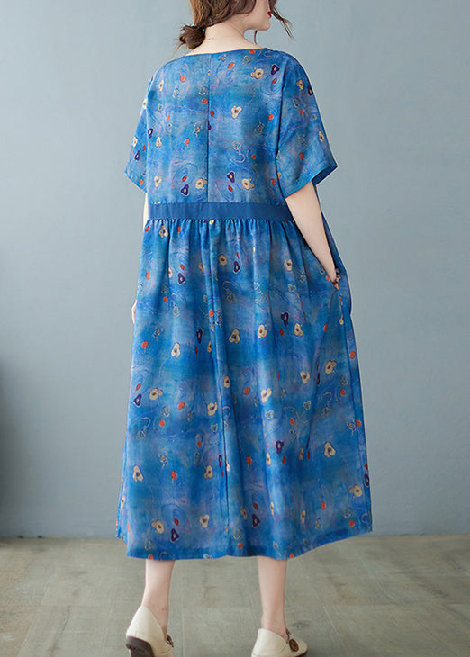 Einzigartiges blaues langes Leinenkleid mit Cinch-Patchwork-Print und kurzen Ärmeln