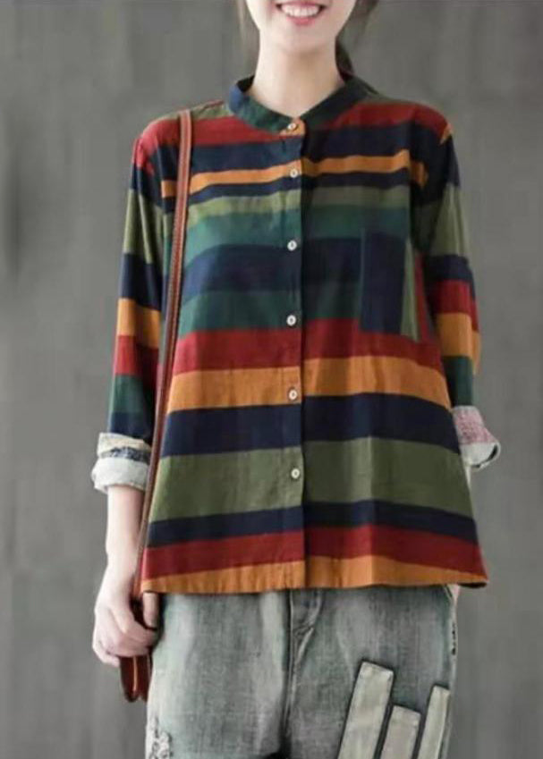 Unique Colorblock Stand Collar low high design button Striped Shirts Long Sleeve