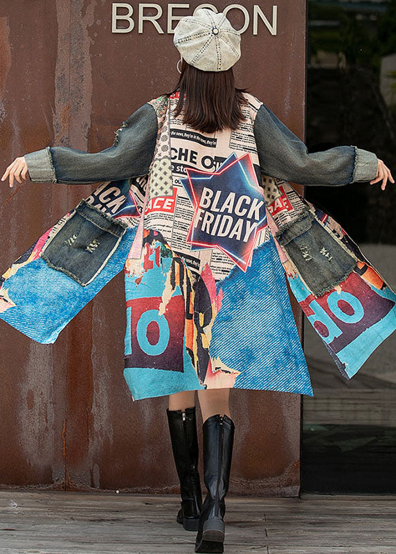 Einzigartiger Denim-Patchwork-Strick-Peter-Pan-Kragentaschen Seitlich offener Herbst-Langarmmantel