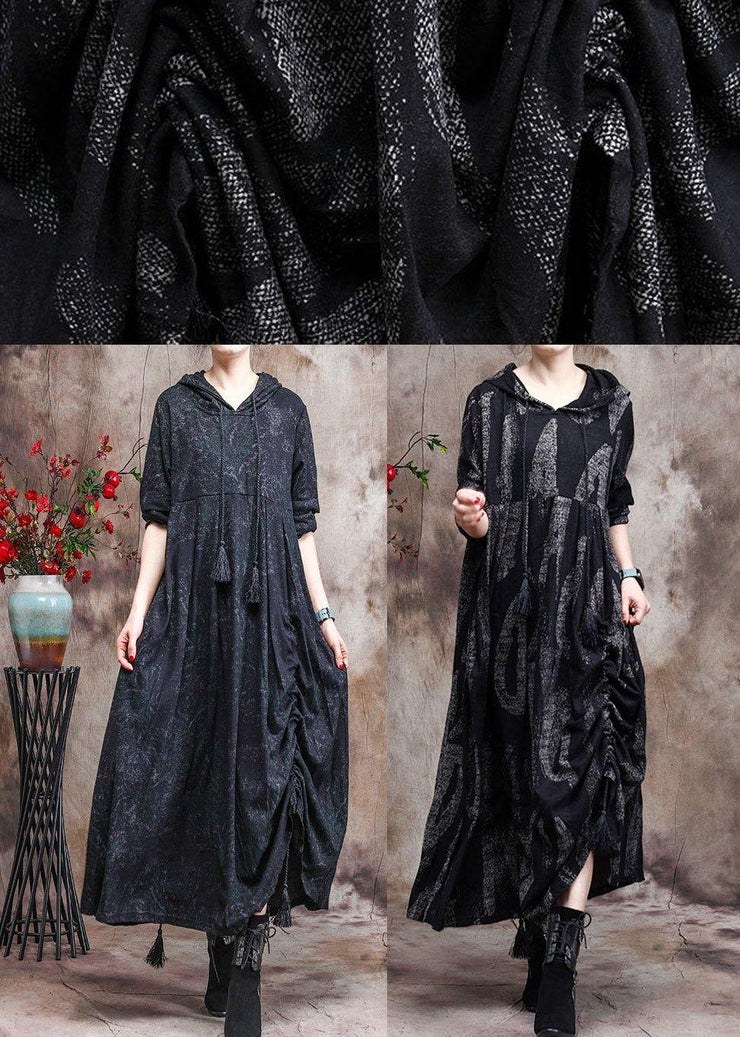 Unique Dark Green Print Outfit Hoodie Dress Asymmetric Maxi Dress - SooLinen