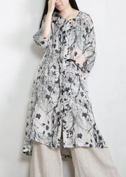 Unique Grey Print Patchwork Asymmetrical Design Ramie Top Fall - SooLinen